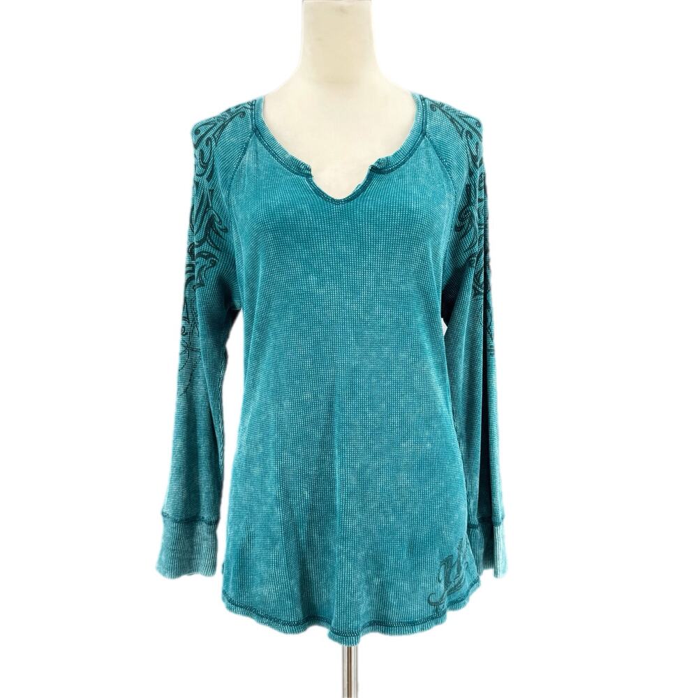 Harley Davidson Teal Waffle Knit Mineral Washed Graphic Lace Up Long Sleeve Top